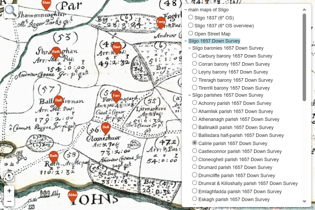 screenshot of a Down Survey map with townland markers