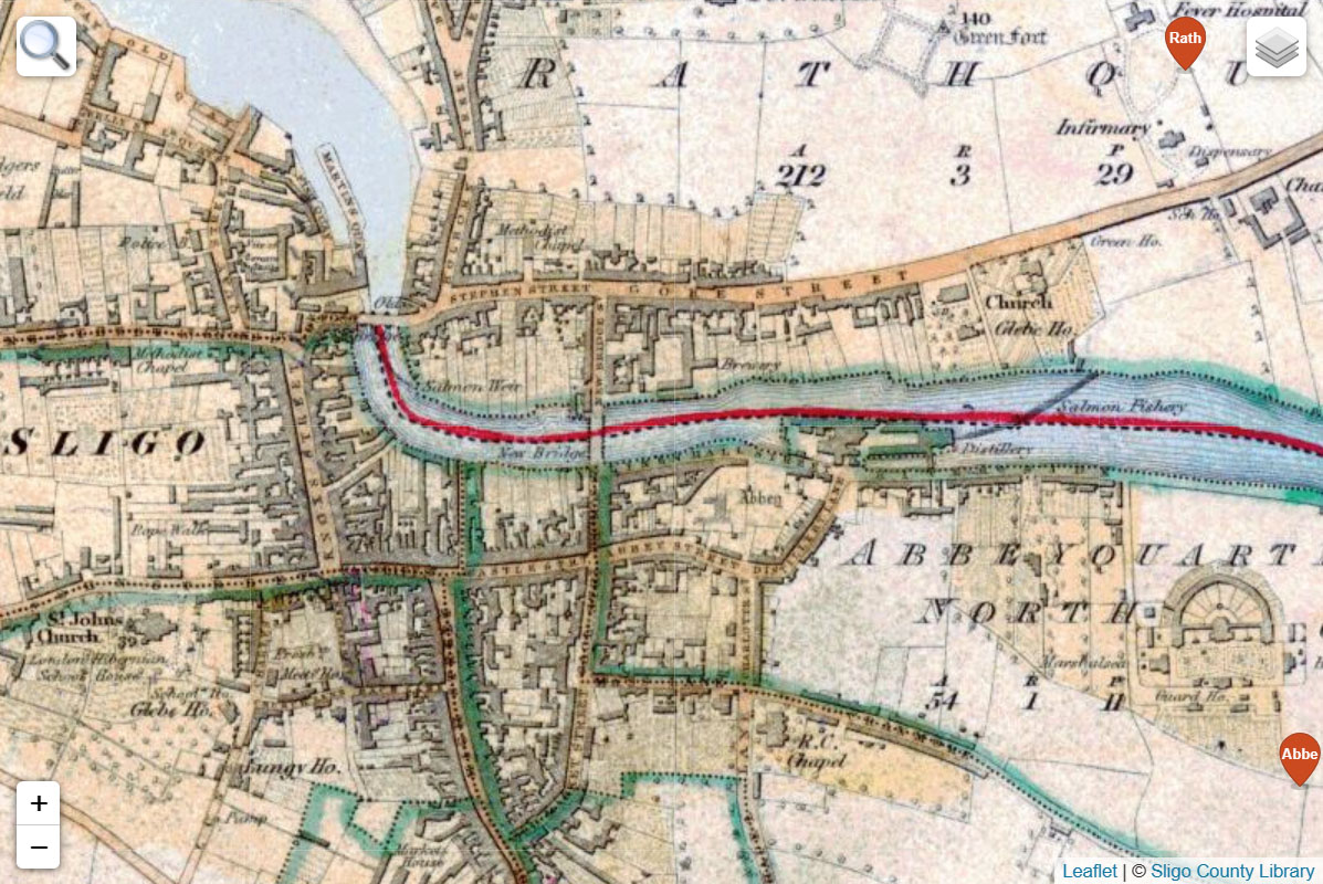 screenshot of Sligo town on a 1837 Ordnance Survey Six-Inch map